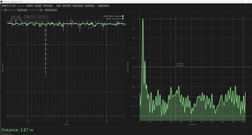 Metirionic Channel Sounding Evaluation GUI – real-time Bluetooth ranging with MARS, delivering precise distance measurement and multipath suppression.