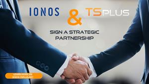 Two business men shaking hands, with TSplus and IONOS logos