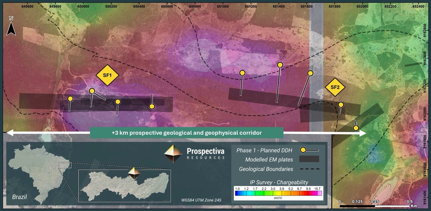Location map showing the 3km prospective geological and geophysical corridor at São Francisco (SF1-SF2), with EM conductors overlaid on IP-chargeability 