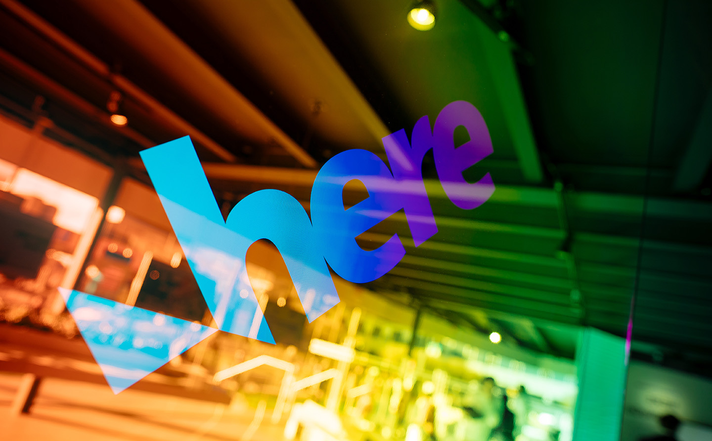 The HERE logo as visible at the HERE Technologies stand at CES in Las Vegas in January 2020-2