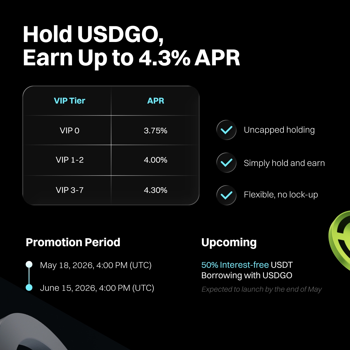 Bitget 面向所有用户推出机构级稳定币收益产品 USDGO，年化收益率最高可达 4.3%