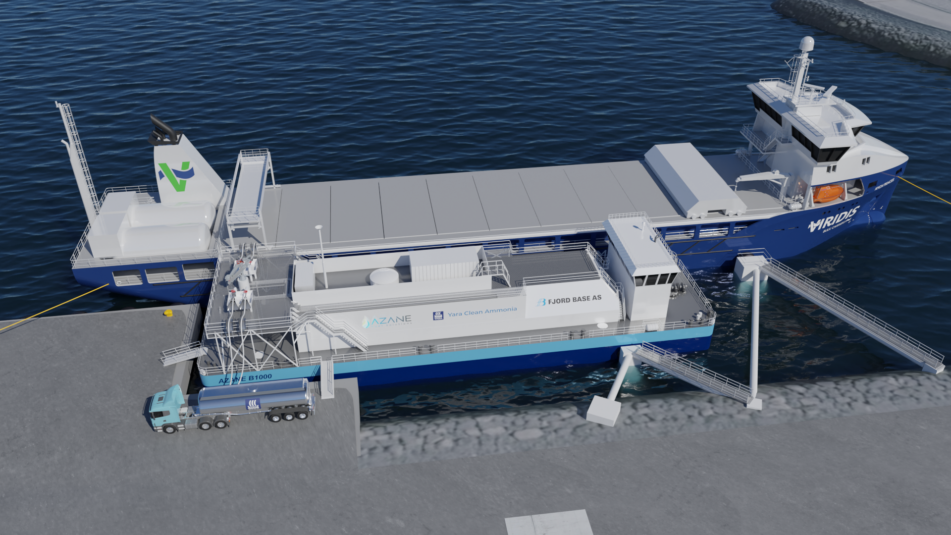 Illustration of Yara Clean Ammonia, Azane and Fjord Base bunkering barge