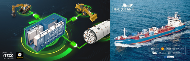 On the left is an illustration of Implenia's HydroPilot container and on the right is HyEkoTank project for Tarbit Shipping and Shell.