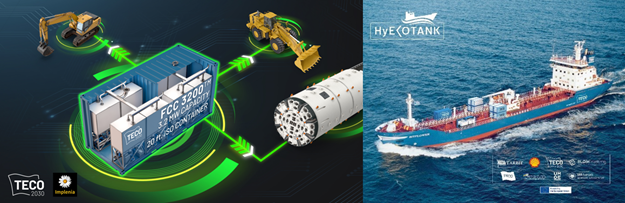 On the left is an illustration of Implenia’s HydroPilot container and on the right is HyEkoTank project for Tarbit Shipping and Shell.