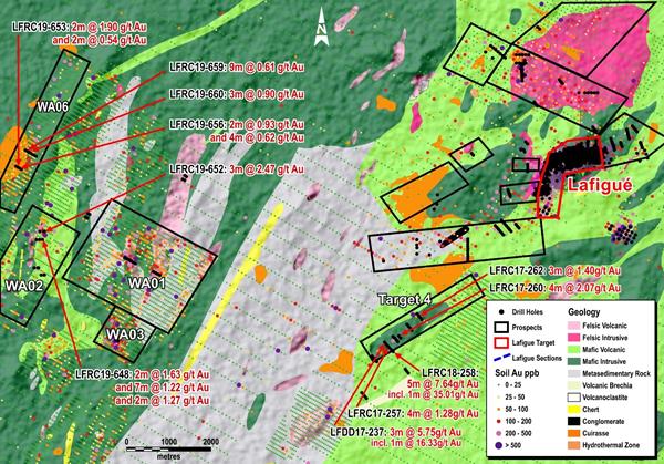 Figure 6 - Fetekro new Gold in Soil Map and Selected Gold Intercepts over WA 02 and 06 (Apparent width uncapped)