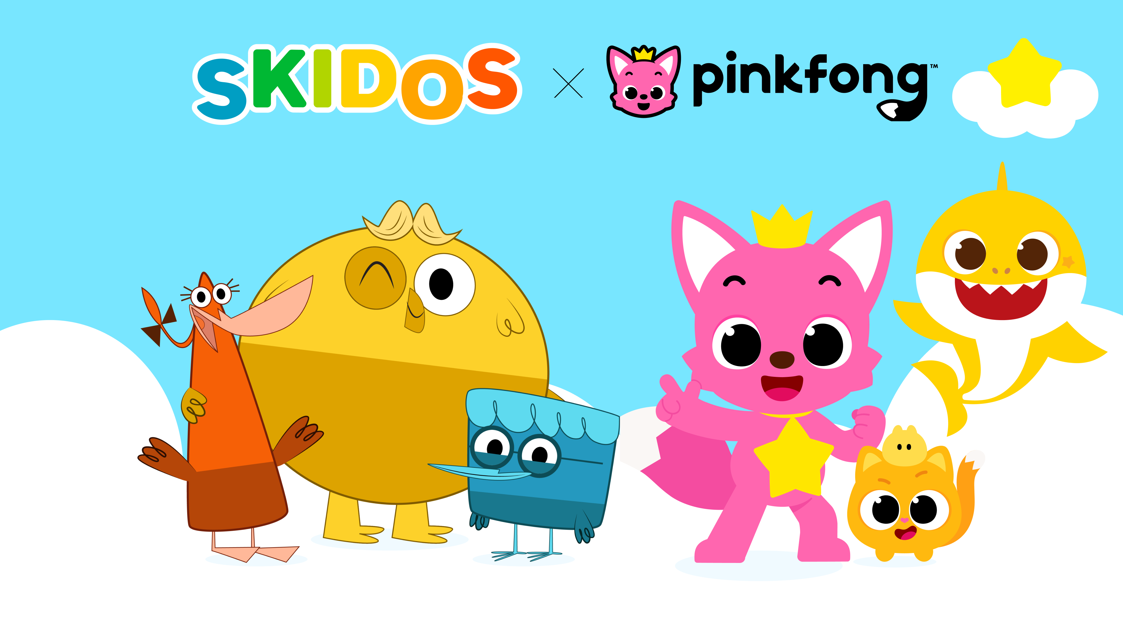 SKIDOS and Pinkfong characters standing together and smiling on a bright background, representing a collaboration between SKIDOS and Pinkfong for fun 