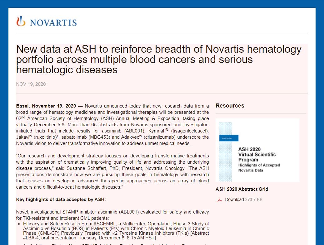 New Data At Ash To Reinforce Breadth Of Novartis Hematology Portfolio Across Multiple Blood Cancers And Serious Hematologic Diseases 19 11 Finanzen At