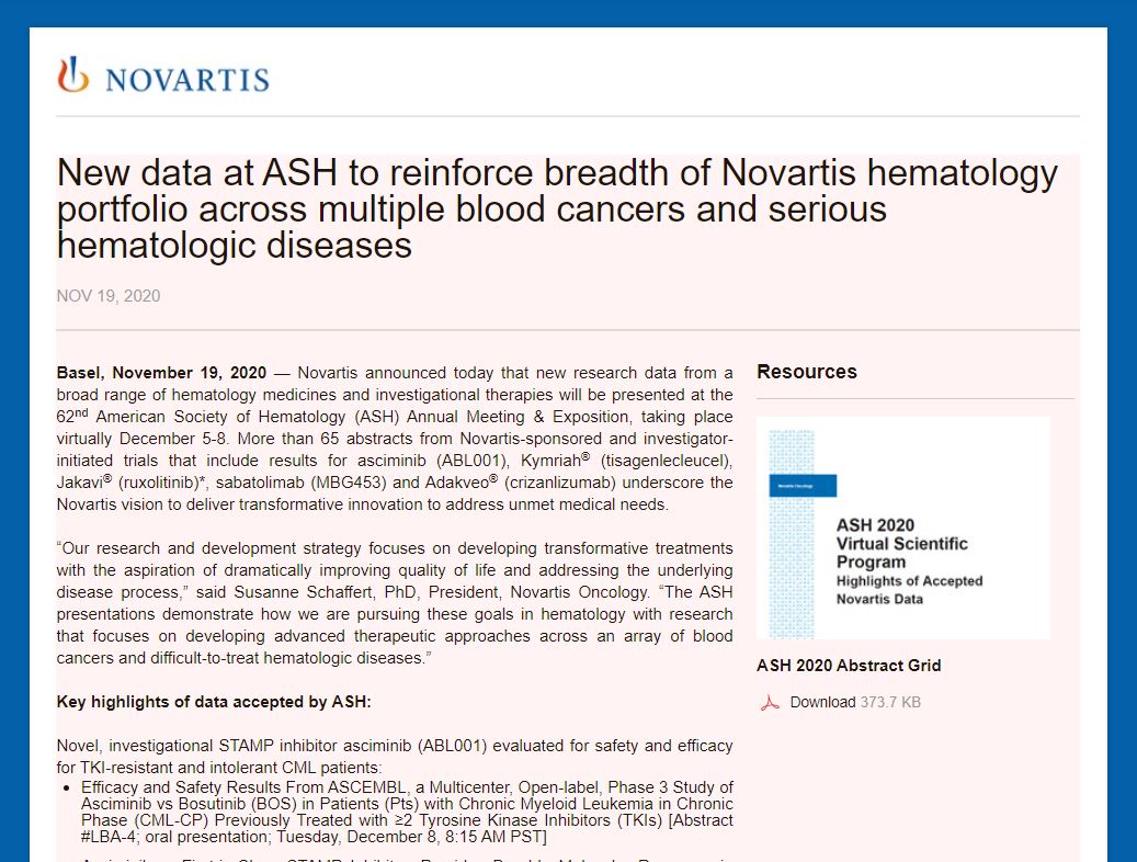 New data at ASH to reinforce breadth of Novartis hematology