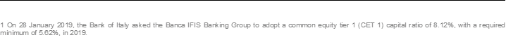 1 On 28 January 2019, the Bank of Italy asked the Banca IFIS Banking Group to adopt a common equity tier 1 (CET 1) capital ratio of 8.12%, with a required minimum of 5.62%, in 2019.