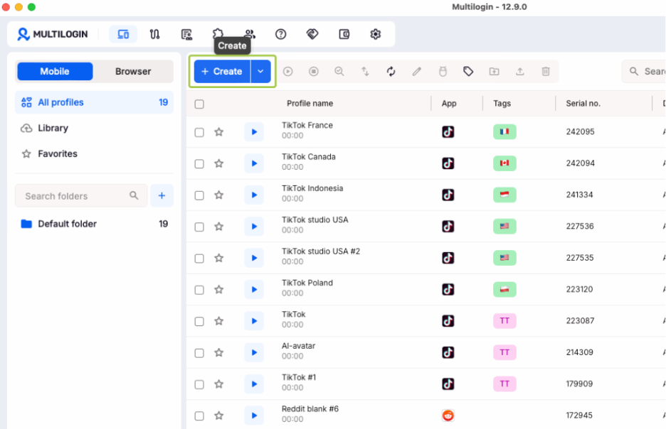 Multilogin dashboard showing a list of Android cloud phone profiles from multiple countries, with the Create button highlighted for adding a new one.
