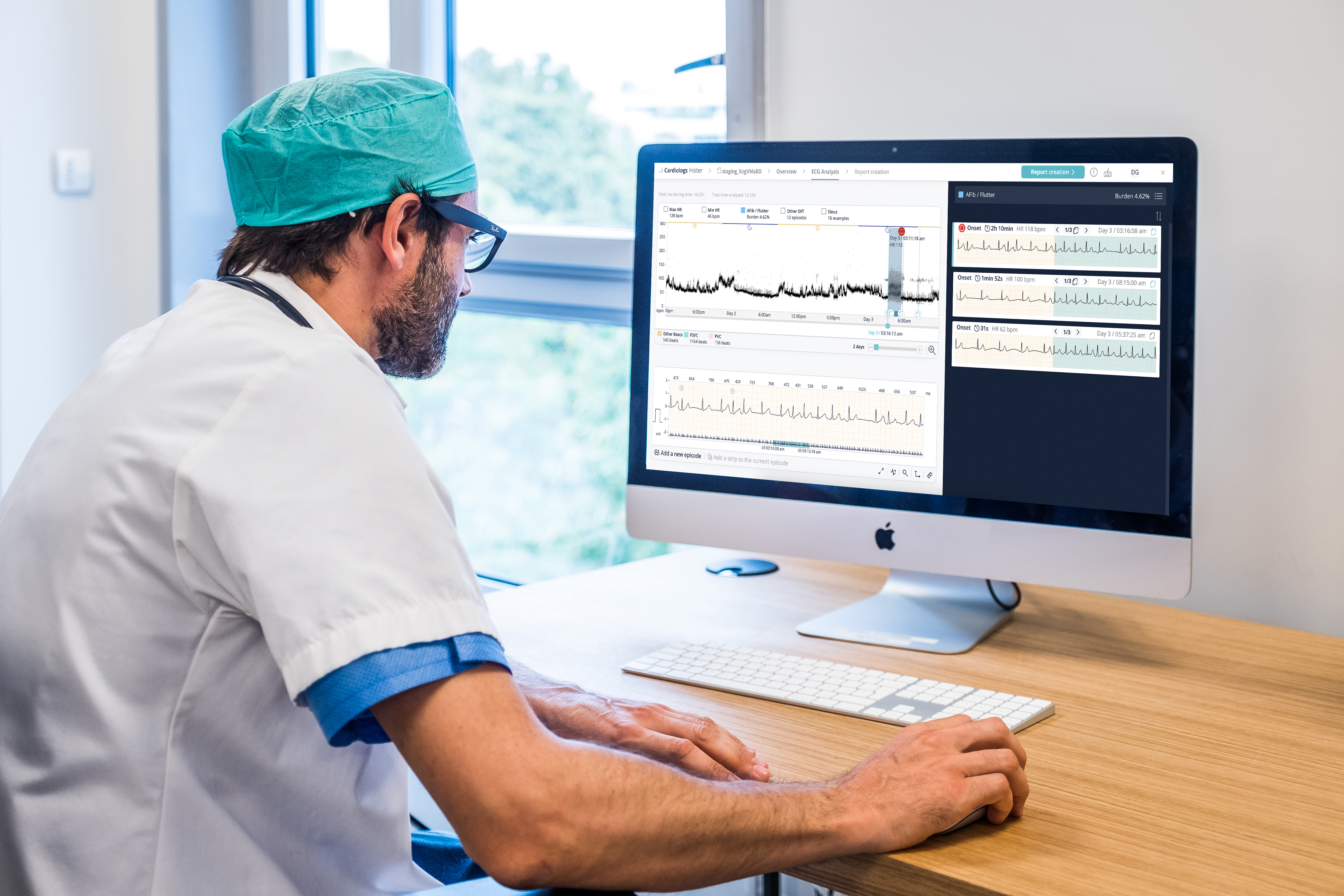 A cardiologist reviews an ECG readout report with AI-assisted analysis