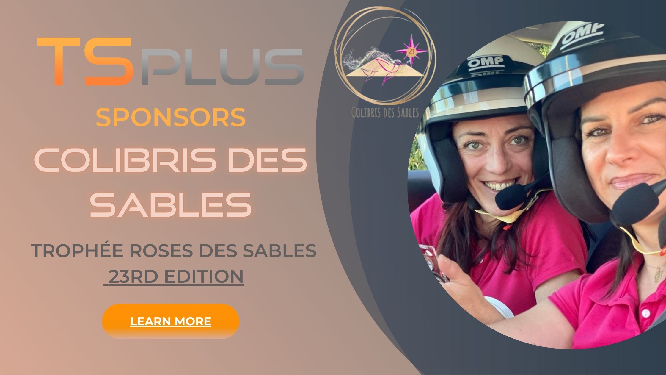 TSplus blog banner showing two women in racing outfits, smiling