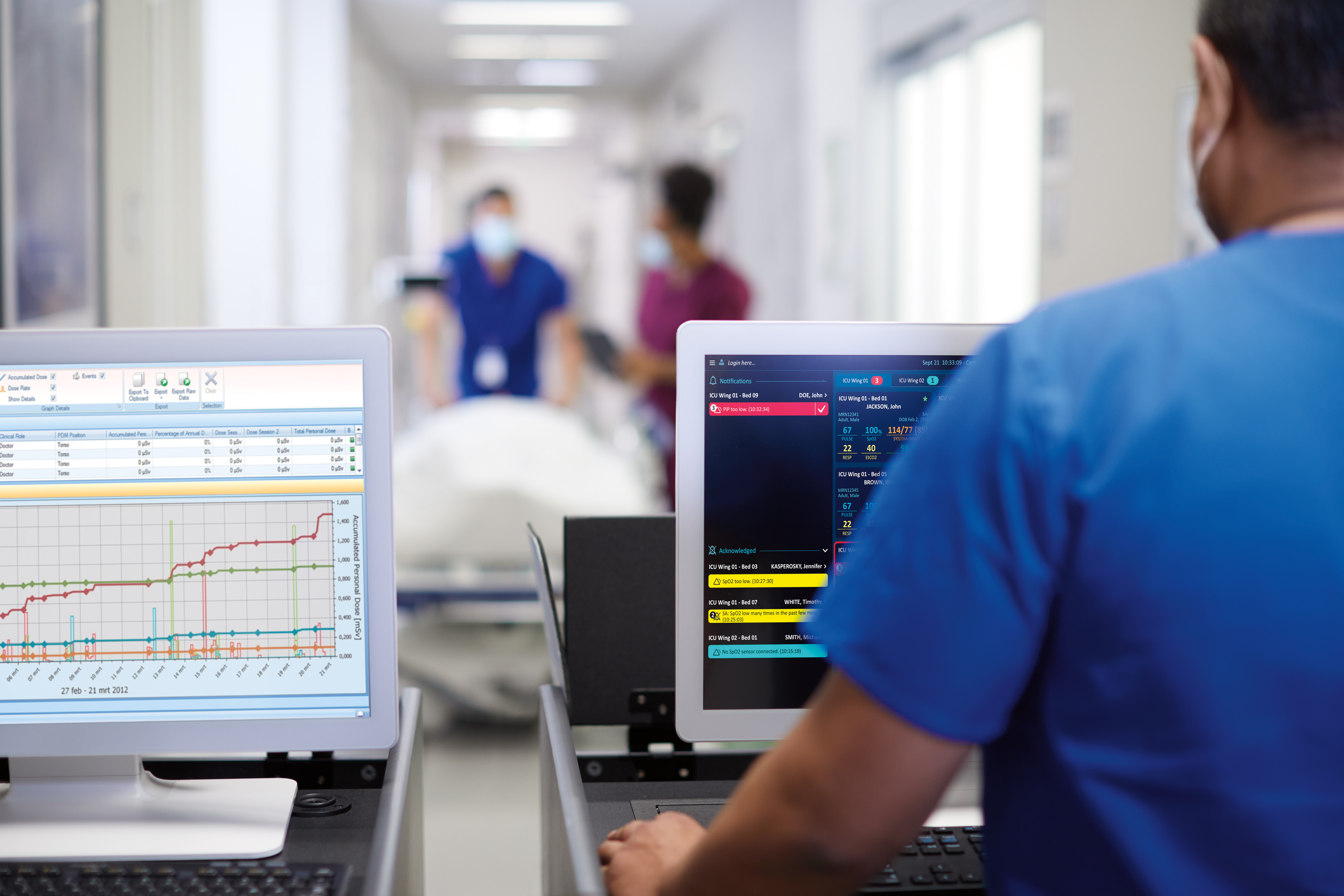 A nurse reviews patient data via Philips Capsule Surveillance