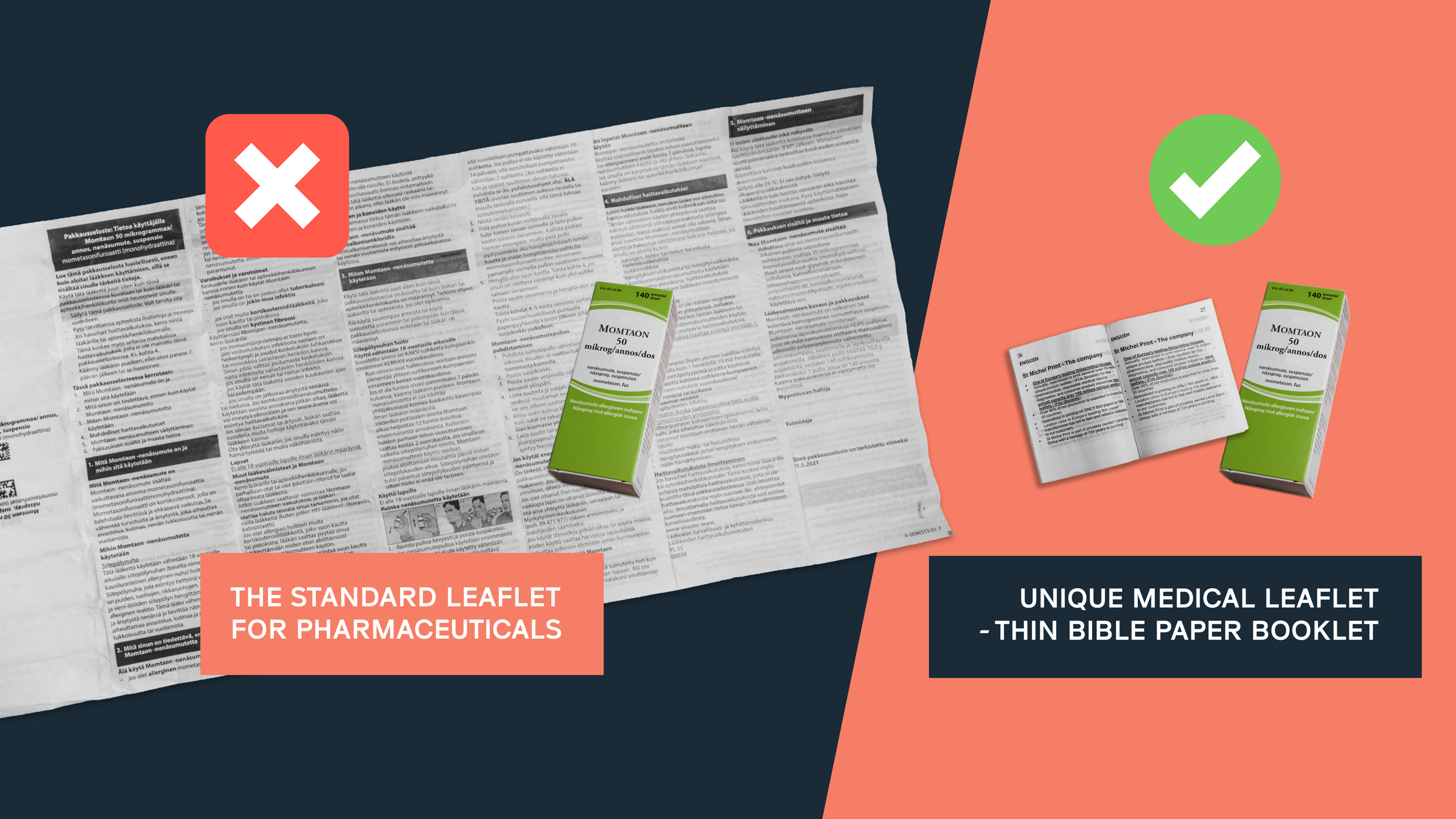 Thin Bible Paper Booklet is a unique medical leaflet, which fits in all medical packages and is easy to open and close. With the thinnest paper quality, bible paper, and extremely sustainable supply chain, it is significantly lighter and in large volumes is significantly less expensive than a traditional leaflet, which is folded 20-40 times and is what is provided by almost every medical packages. Every consumer understands the usability issues with a traditional leaflet, when trying to find the correct information from a large area of paper and especially when trying to put a leaflet back inside a package.