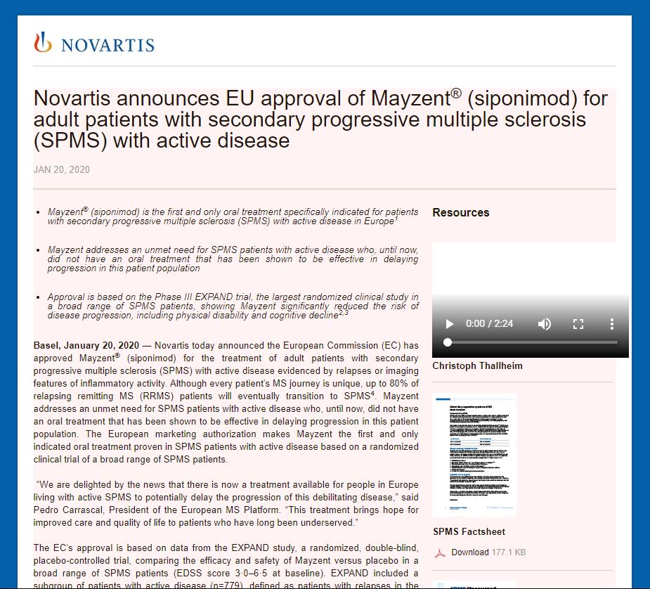 Novartis Announces Eu Approval Of Mayzent Siponimod For Adult Patients With Secondary Progressive Multiple Sclerosis Spms With Active Disease 01 Finanzen At