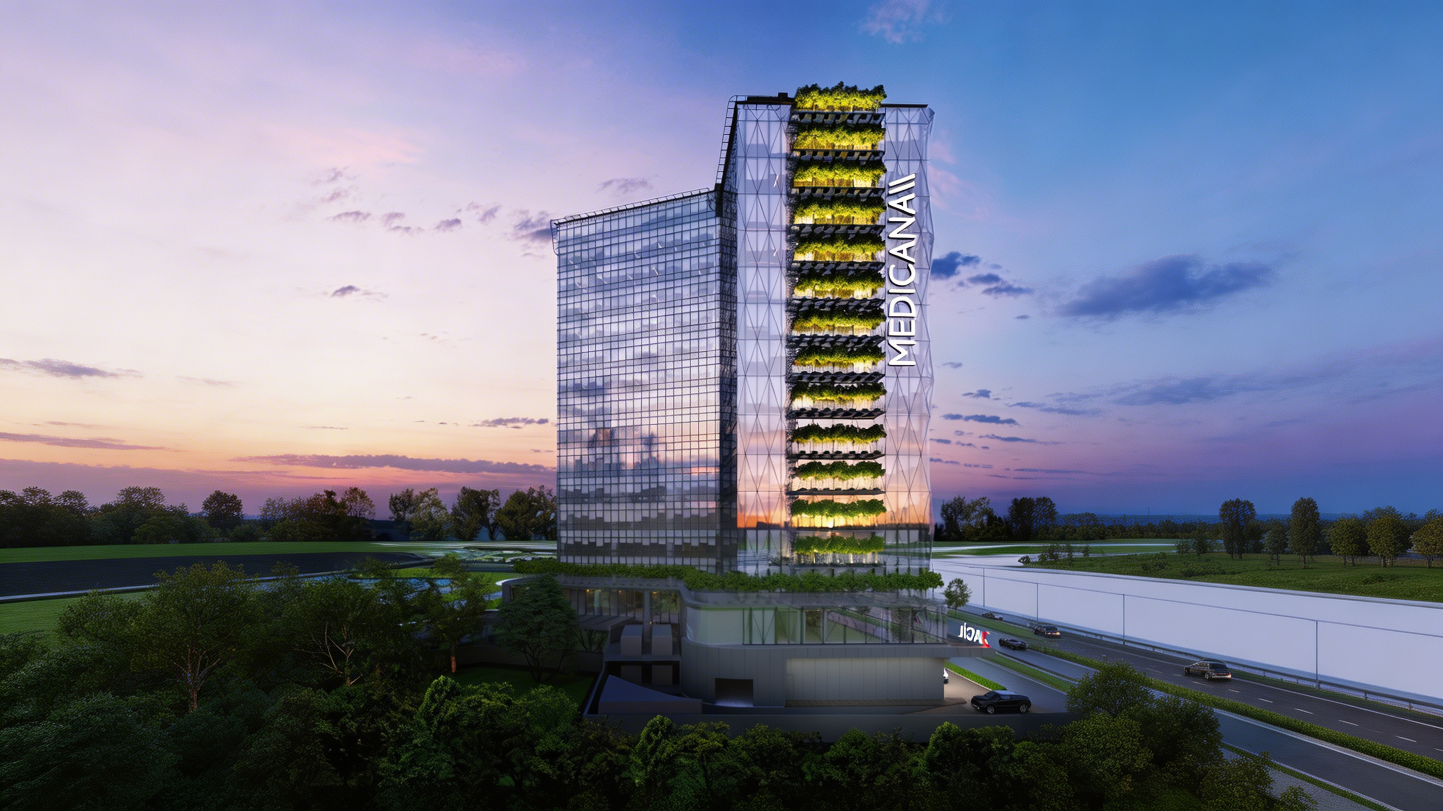Exterior view of Medicana Ataköy Hospital building in Istanbul at dusk.