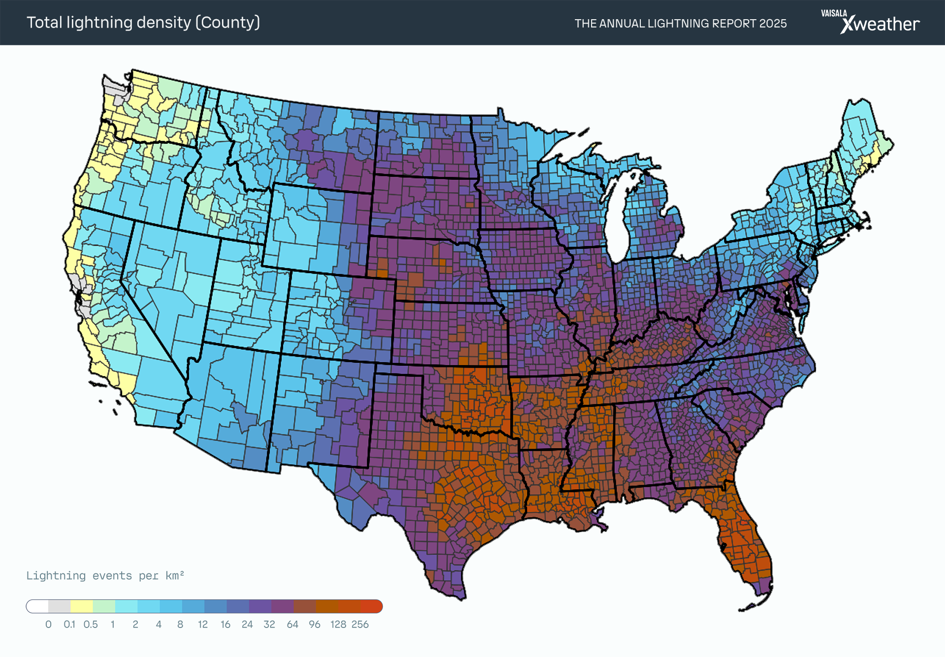 Total lightning density in the US by County 2025