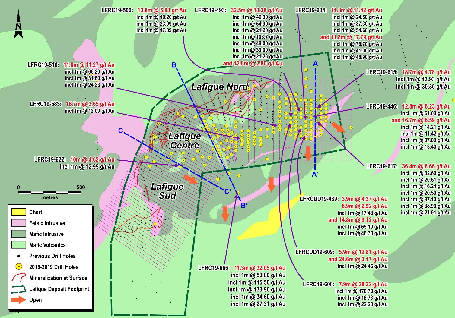 Figure 2 - Lafigué Geological Interpretation and Selected Best Intercepts Per Area