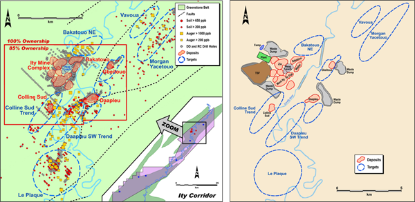 Figure 1 Ity Mine Gold-in-Soil Map and Simplified Map with Exploration Targets