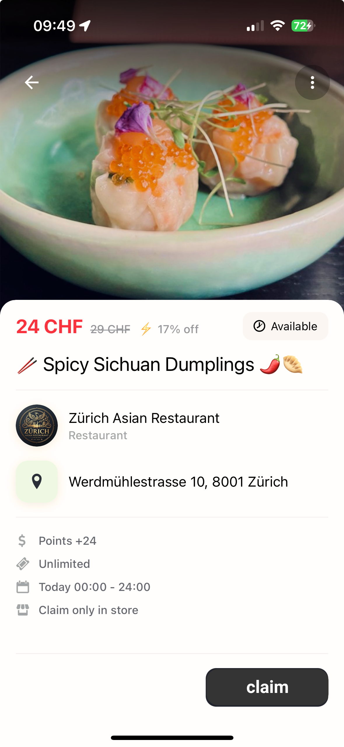 naoo app screenshot showing a local merchant offer for Spicy Sichuan Dumplings at Zürich Asian Restaurant with price discount and naoo points reward