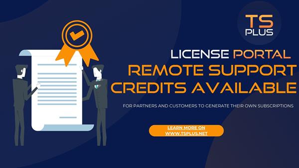 Article banner titled "TSplus License Portal: Remote Support Credits Available"