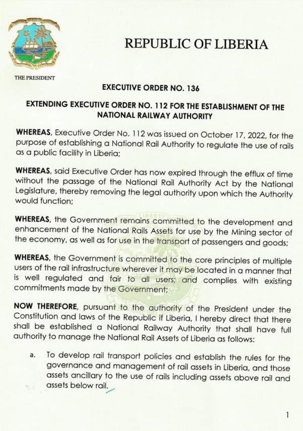 Extending Executive Order No. 112 for the establishment of the National Railway Authority (1)