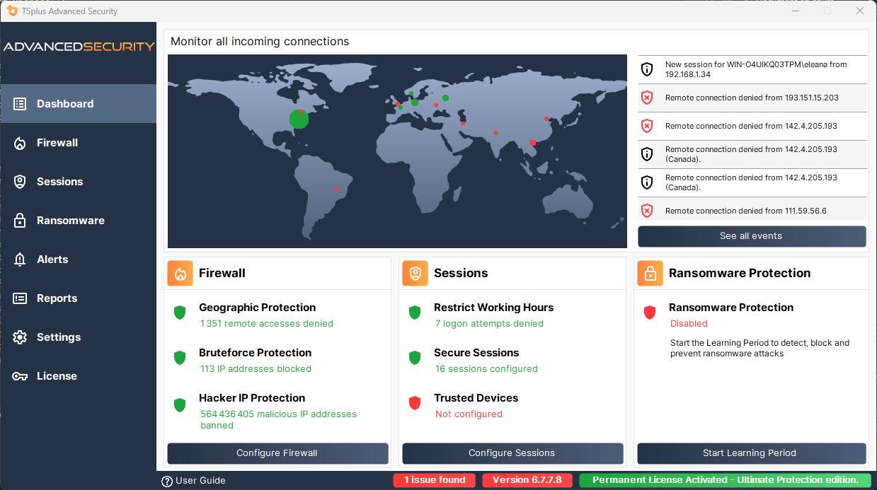 TSplus Advanced Security 7.1 Dashboard