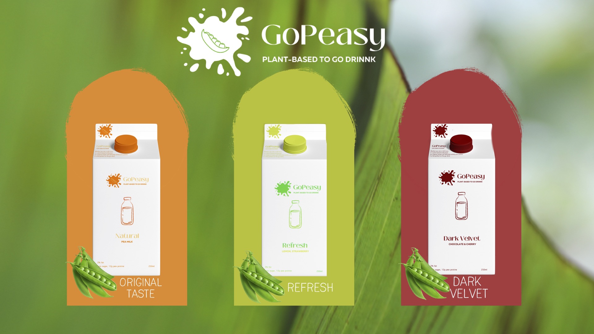 GoPeasy pea milk will come in three flavours; original, lemon-strawberry and chocolate-cherry