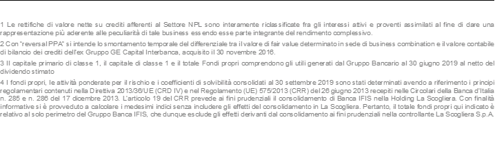 1 Le rettifiche di valore nette su crediti afferenti al Settore NPL sono interamente riclassificate fra gli interessi attivi e proventi assimilati al fine di dare una rappresentazione più aderente alle peculiarità di tale business essendo esse parte integrante del rendimento complessivo. 2 Con “reversal PPA” si intende lo smontamento temporale del differenziale tra il valore di fair value determinato in sede di business combination e il valore contabile di bilancio dei crediti dell’ex Gruppo GE Capital Interbanca, acquisito il 30 novembre 2016. 3 Il capitale primario di classe 1, il capitale di classe 1 e il totale Fondi propri comprendono gli utili generati dal Gruppo Bancario al 30 giugno 2019 al netto del dividendo stimato 4 I fondi propri, le attività ponderate per il rischio e i coefficienti di solvibilità consolidati al 30 settembre 2019 sono stati determinati avendo a riferimento i principi regolamentari contenuti nella Direttiva 2013/36/UE (CRD IV) e nel Regolamento (UE) 575/2013 (CRR) del 26 giugno 2013 recepiti nelle Circolari della Banca d’Italia n. 285 e n. 286 del 17 dicembre 2013. L’articolo 19 del CRR prevede ai fini prudenziali il consolidamento di Banca IFIS nella Holding La Scogliera. Con finalità informative si è provveduto a calcolare i medesimi indici senza includere gli effetti del consolidamento in La Scogliera. Pertanto, il totale fondi propri qui indicato è relativo al solo perimetro del Gruppo Banca IFIS, che dunque esclude gli effetti derivanti dal consolidamento ai fini prudenziali nella controllante La Scogliera S.p.A.