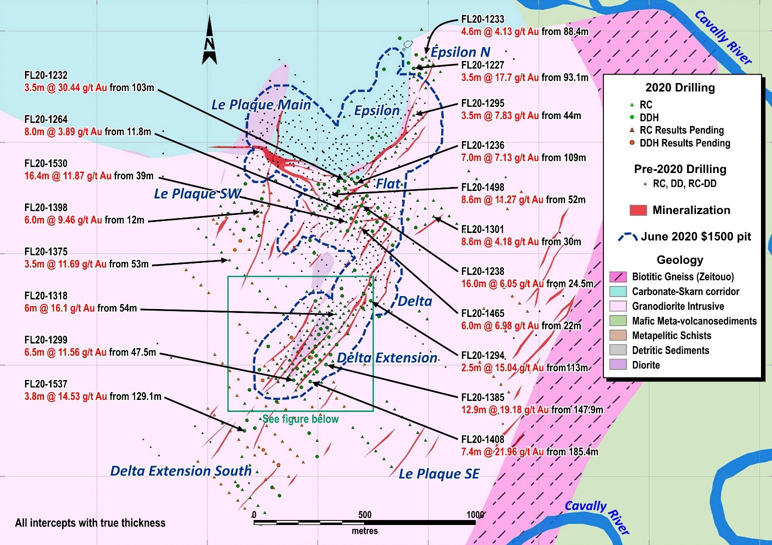 Figure 3 Le Plaque Drill Map and Selected H1-2020 Intercepts