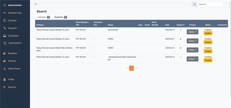 Improved User Experience for TSplus Resellers with this new global search bar that facilitates finding relevant information and managing licenses
