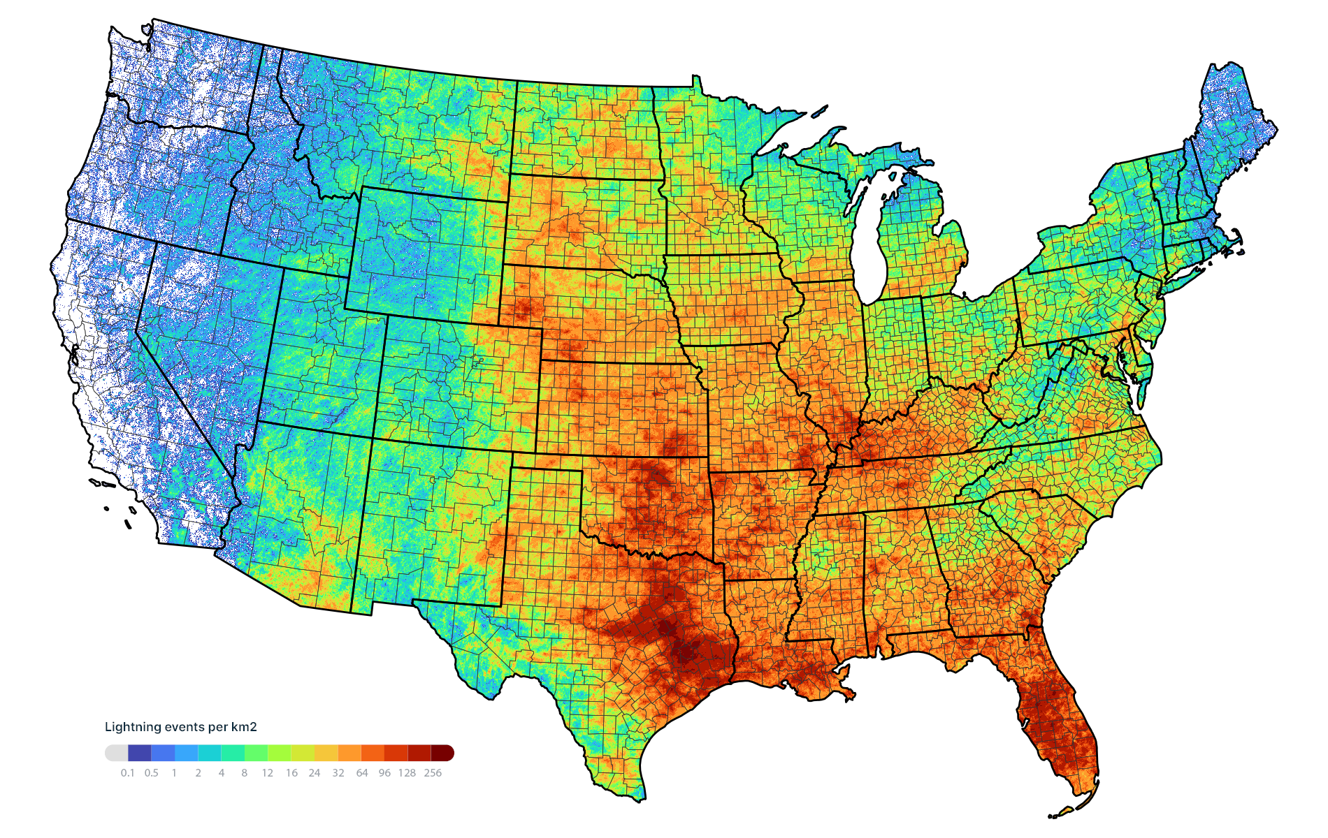 Vaisala Xweather Annual Lightning Report 2024 US lightning density map