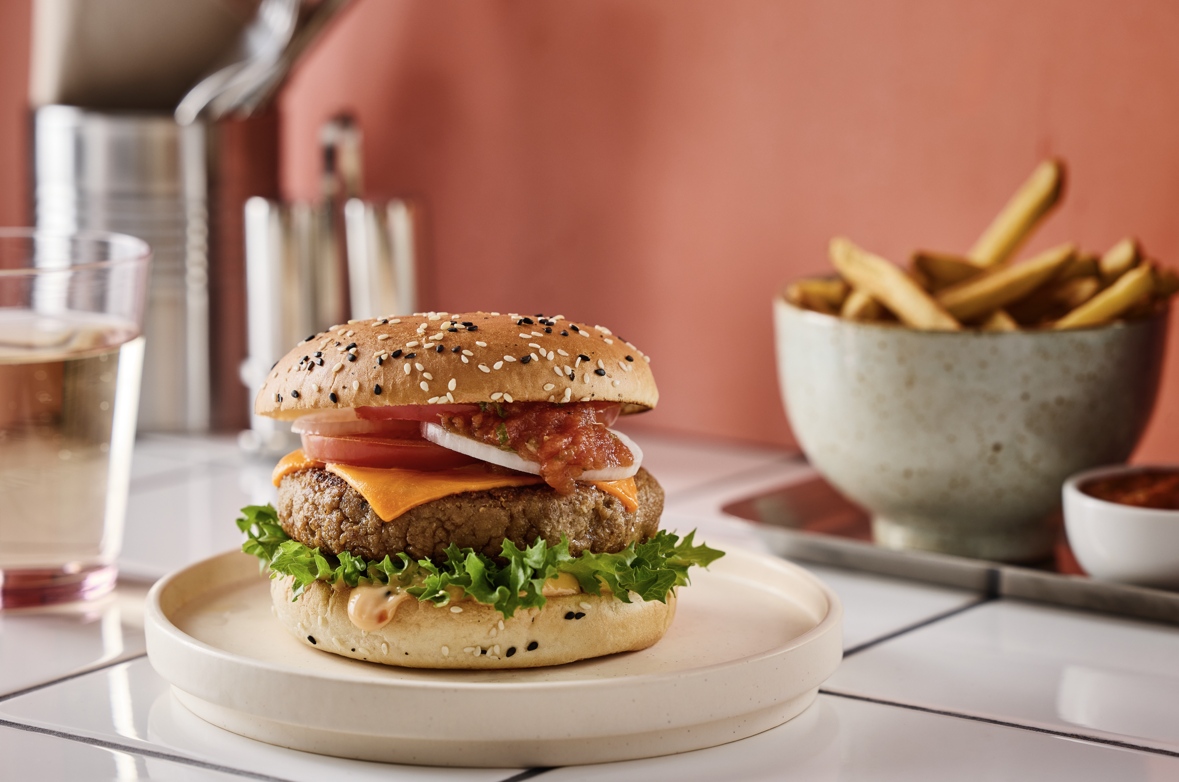 Cooked Millow burger made from binder-free mycelium and Nordic oats, photographed in Gothenburg, Sweden.
