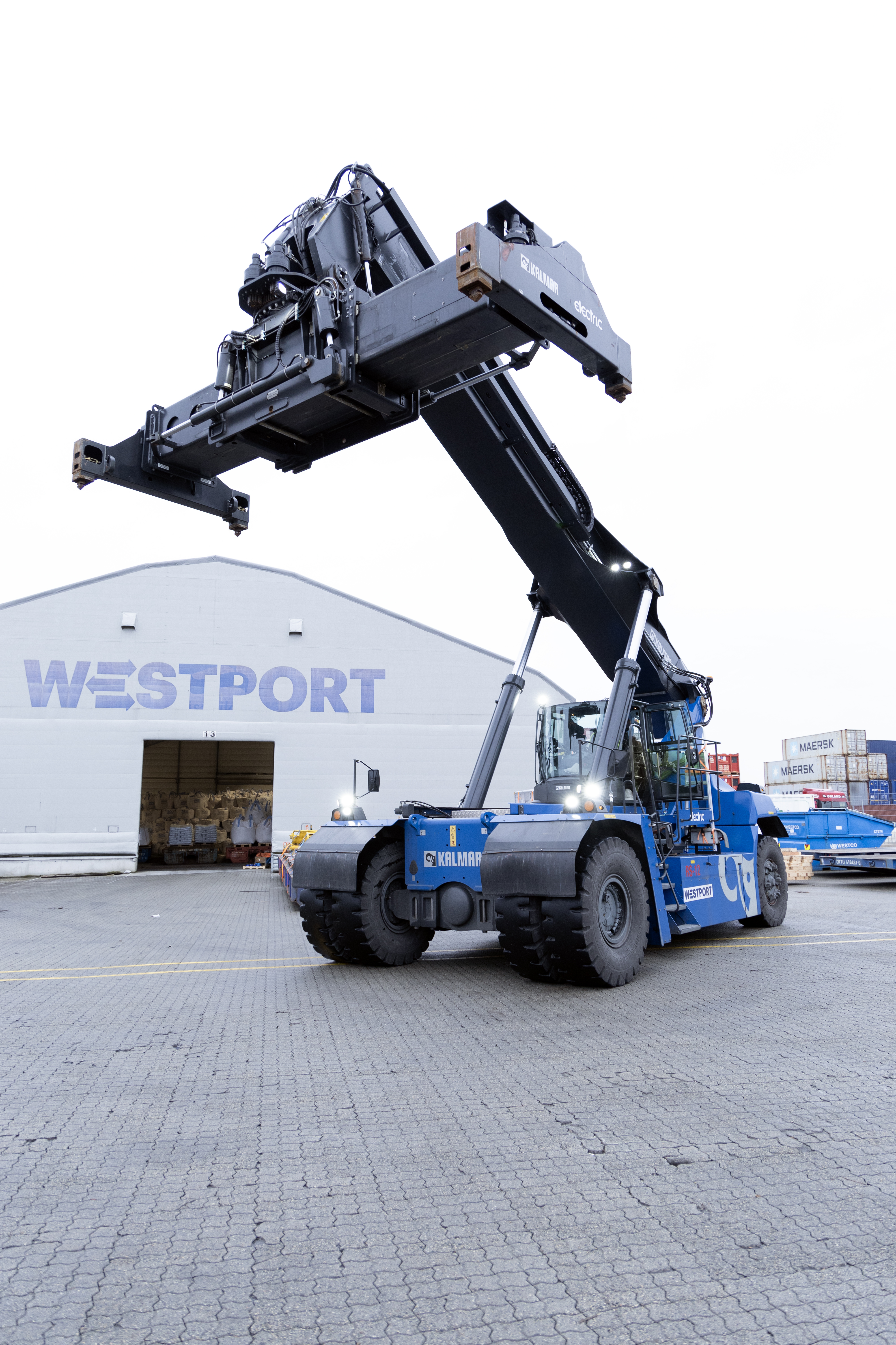 Kalmar electric reachstacker at Westport terminal.