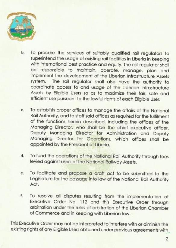 Extending Executive Order No. 112 for the establishment of the National Railway Authority (2)