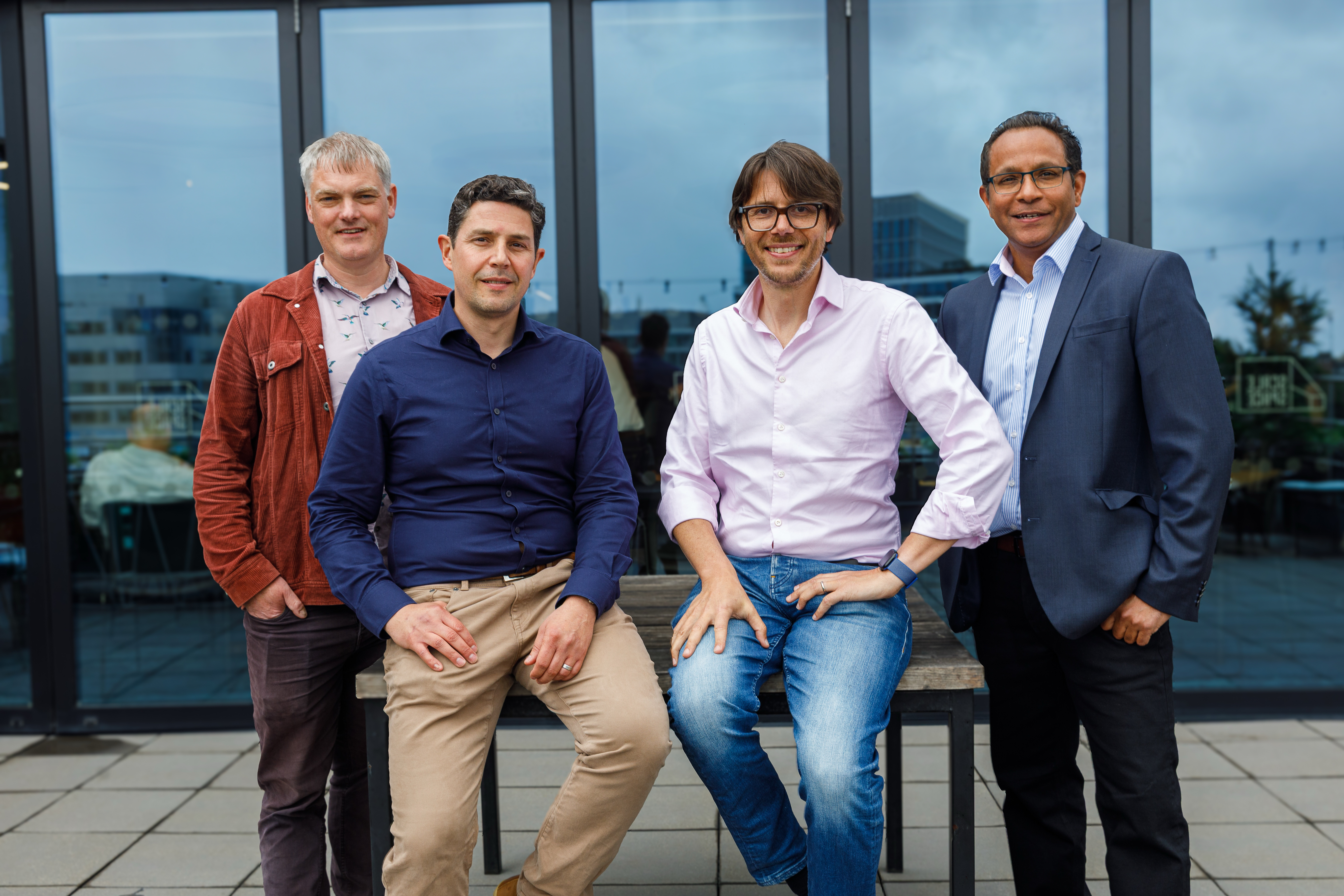 Executive team at Portal Biotech, from the left to the right: Tim Massingham (VP ML & Bioinformatics), Andrew Heron (Co-Founder & CEO), Giovanni Maglia (Co-Founder & CSO) and Selly Saini (COO).