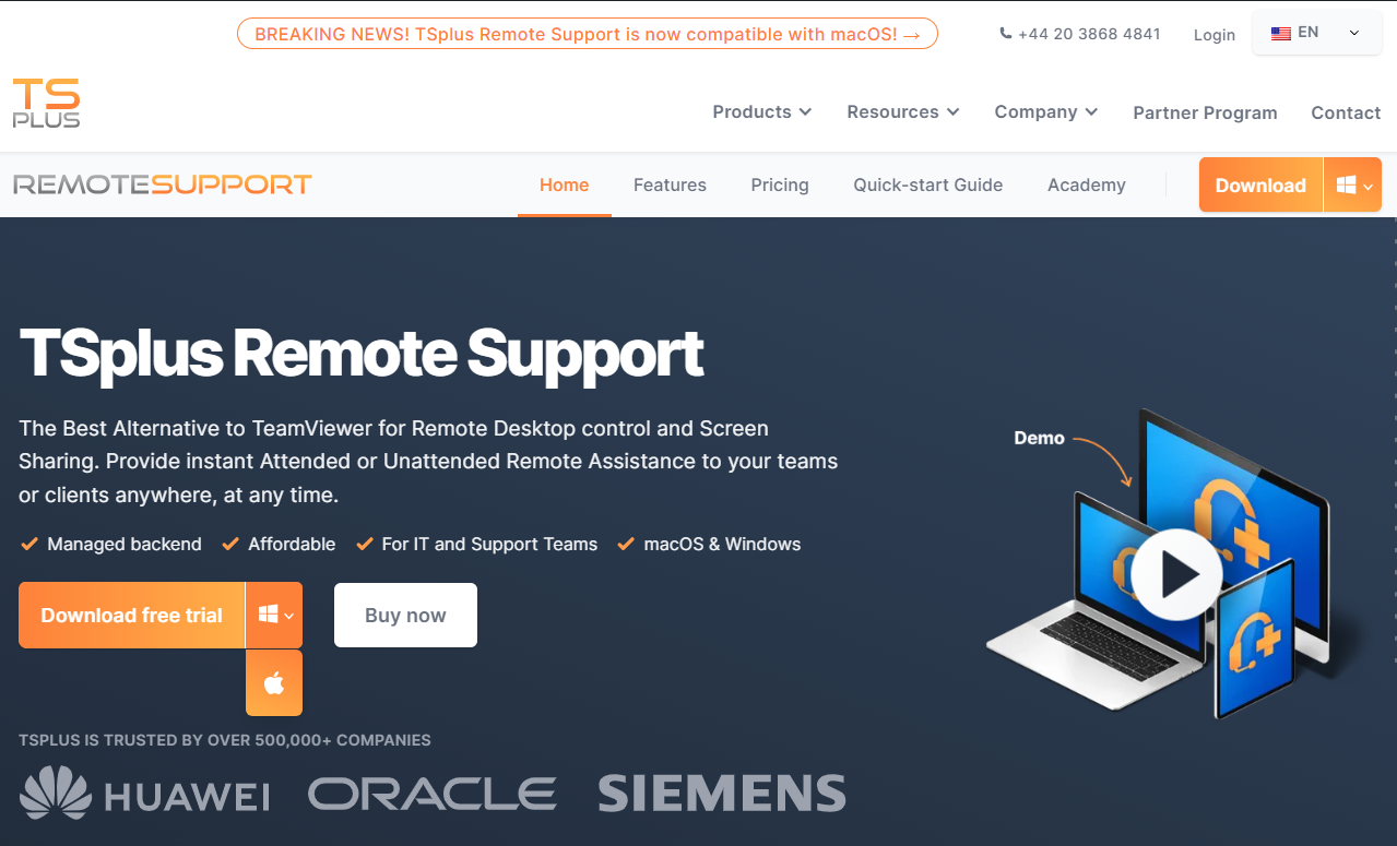 Screenshot TSplus Remote Support website