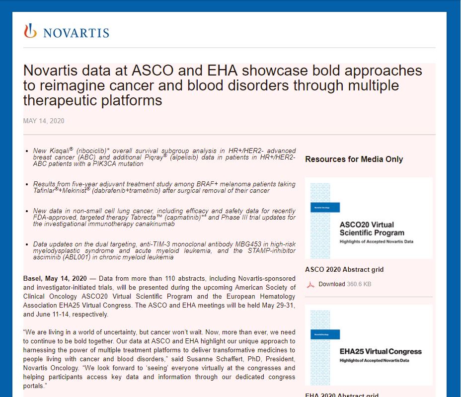 Novartis Data At Asco And Eha Showcase Bold Approaches To Reimagine Cancer And Blood Disorders Through Multiple Therapeutic Platforms 14 05 Finanzen At