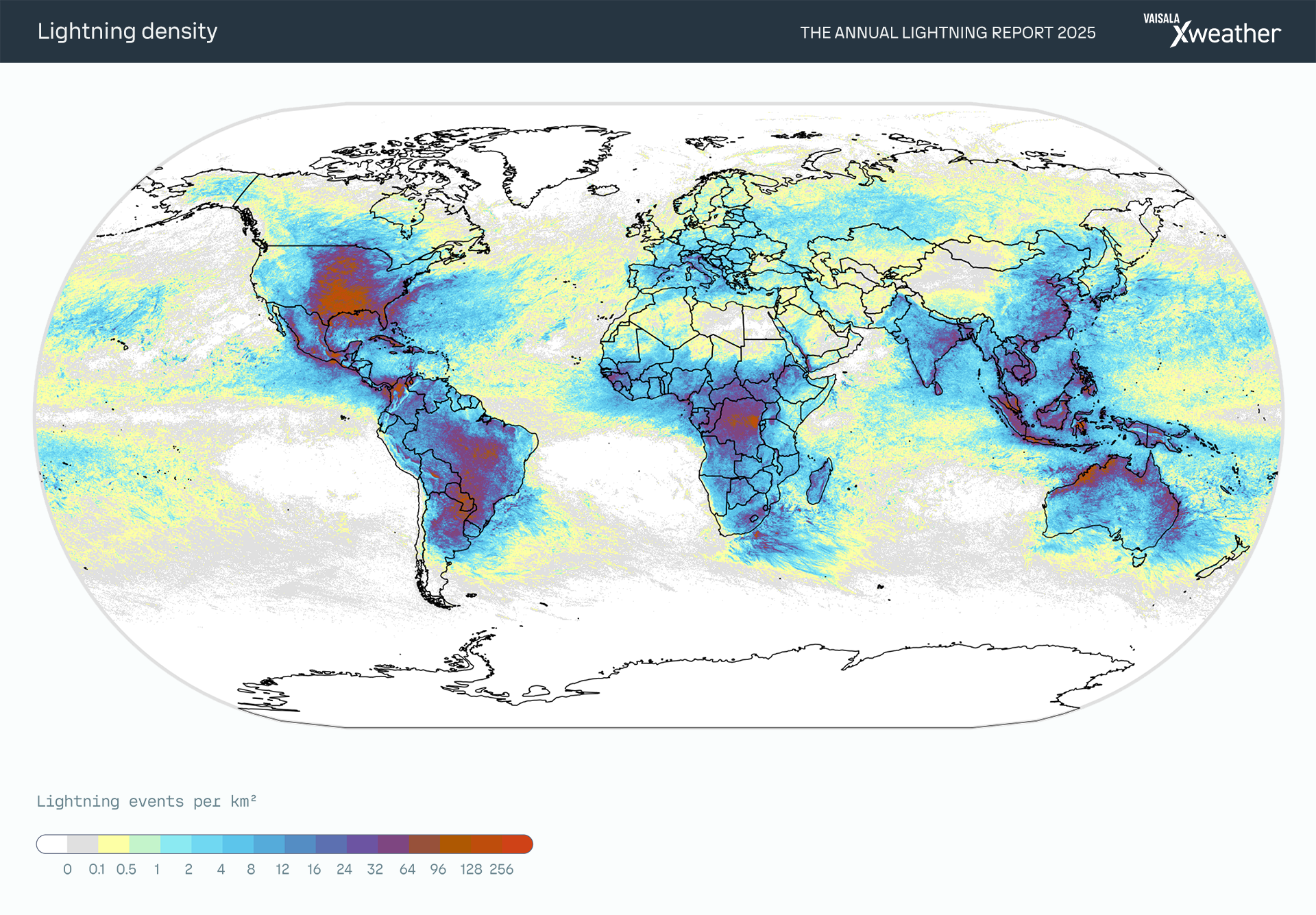 Lightning density: Global 2025
