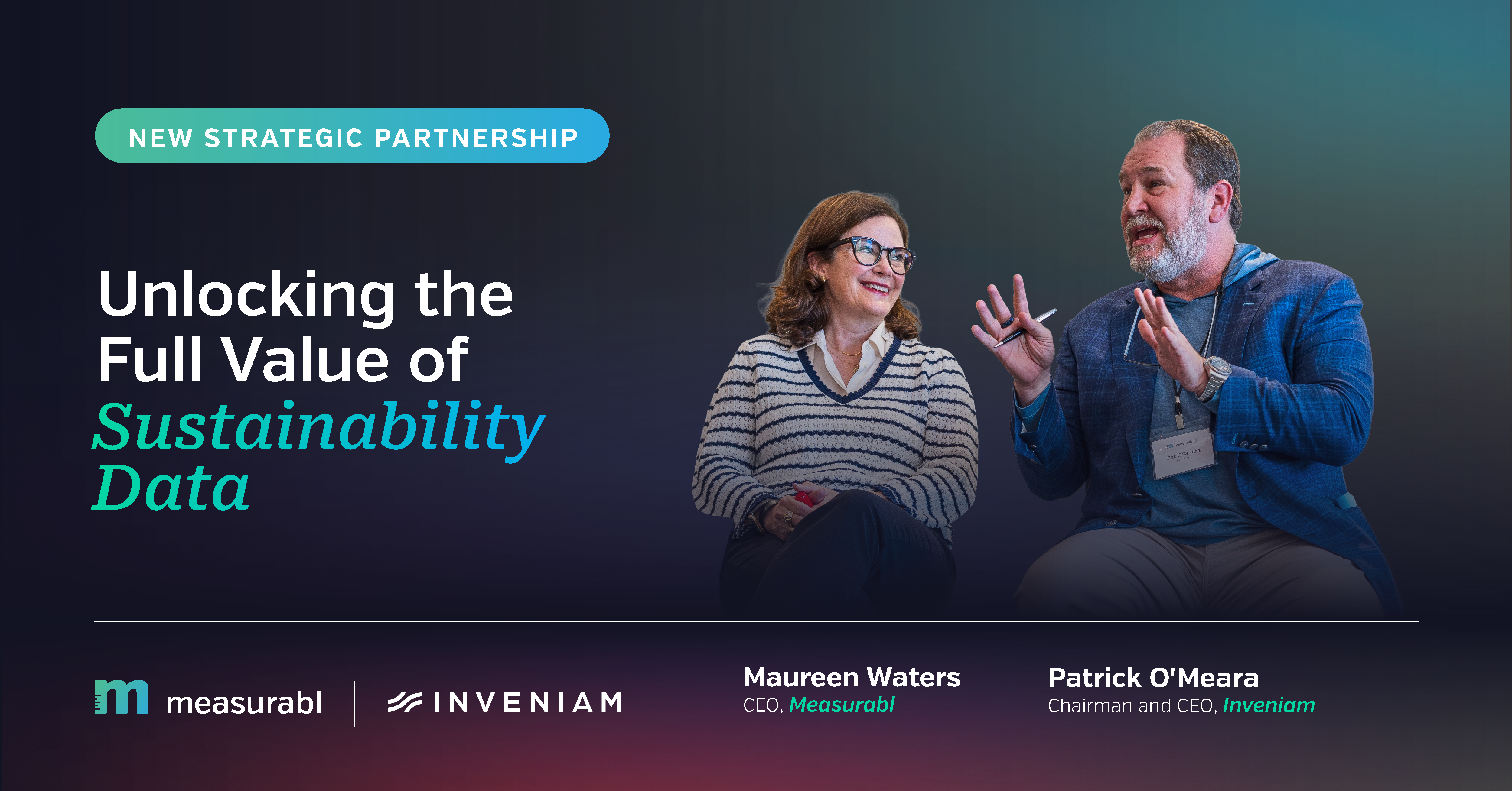 Graphic for the Measurabl and Inveniam strategic partnership, titled "Unlocking the Full Value of Sustainability Data"