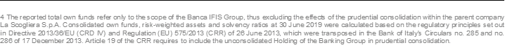 4 The reported total own funds refer only to the scope of the Banca IFIS Group, thus excluding the effects of the prudential consolidation within the parent company La Scogliera S.p.A. Consolidated own funds, risk-weighted assets and solvency ratios at 30 June 2019 were calculated based on the regulatory principles set out in Directive 2013/36/EU (CRD IV) and Regulation (EU) 575/2013 (CRR) of 26 June 2013, which were transposed in the Bank of Italy's Circulars no. 285 and no. 286 of 17 December 2013. Article 19 of the CRR requires to include the unconsolidated Holding of the Banking Group in prudential consolidation.