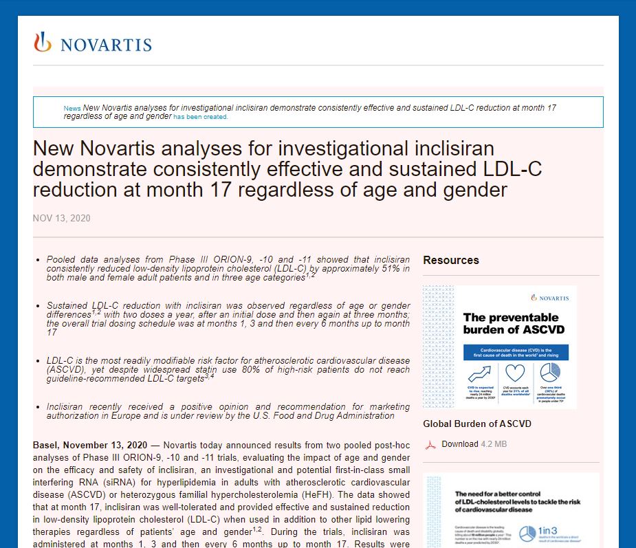 New Novartis Analyses For Investigational Inclisiran Demonstrate Consistently Effective And 4760