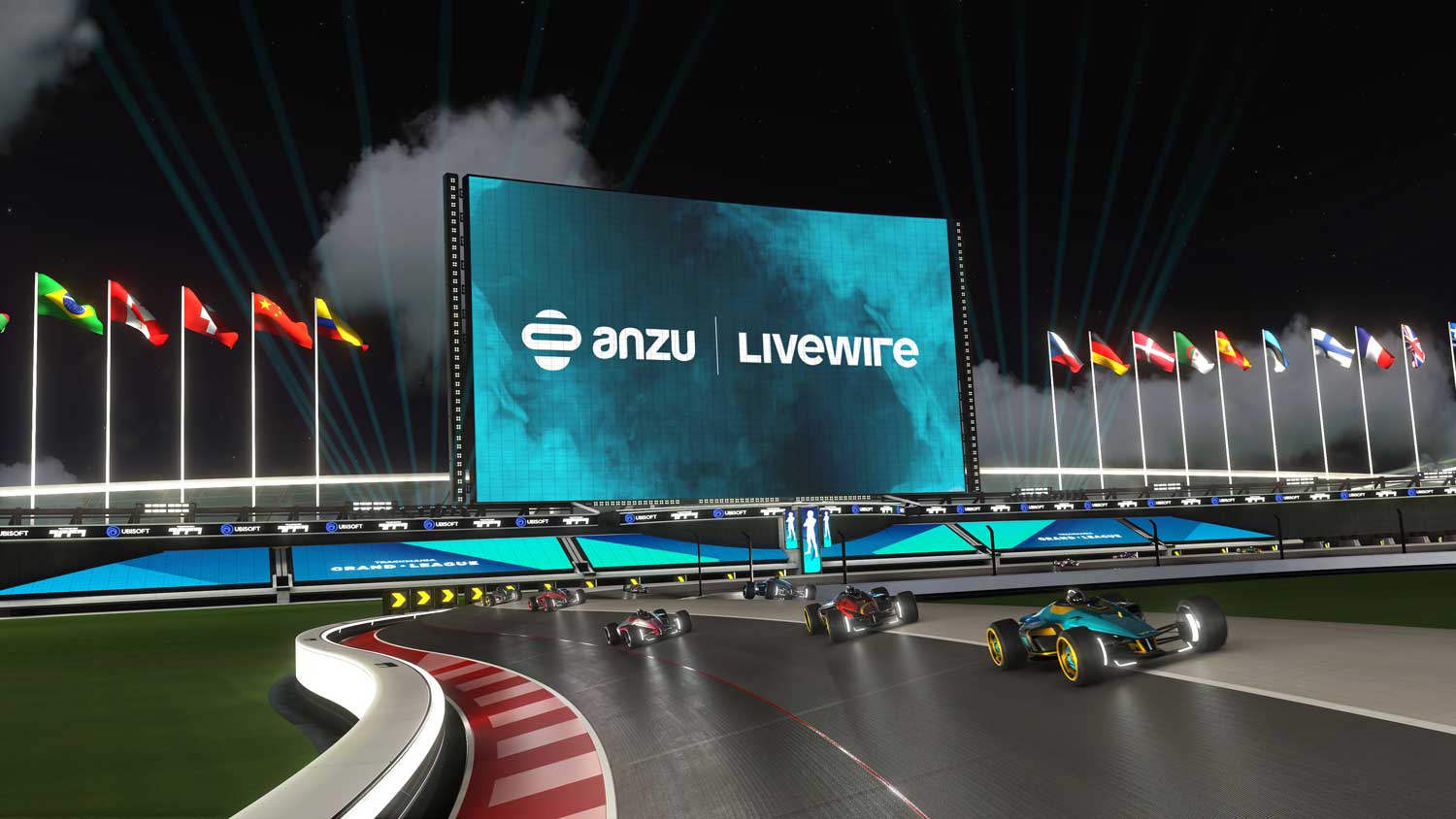 Anzu and Livewire announcement banner in Trackmania by Ubisoft