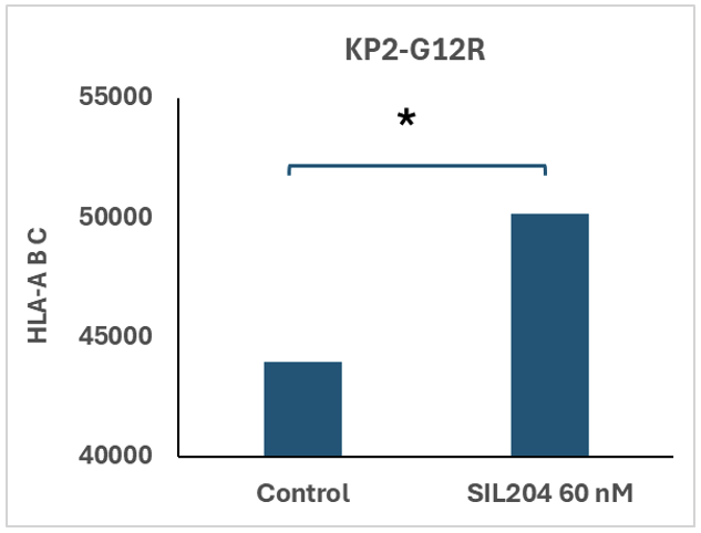 Image Caption: SIL204 increases surface MHC-I (HLA-ABC) expression in human KRAS G12R-mutated pancreatic cancer cells (KP2-G12R) at 60 nM, as measured by flow cytometry. *P<0.05 vs. control. 